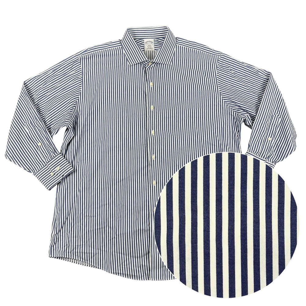 Brooks Brothers Regent Dress Shirt Mens 17.5 2/3 Navy Blue White Striped Preppy